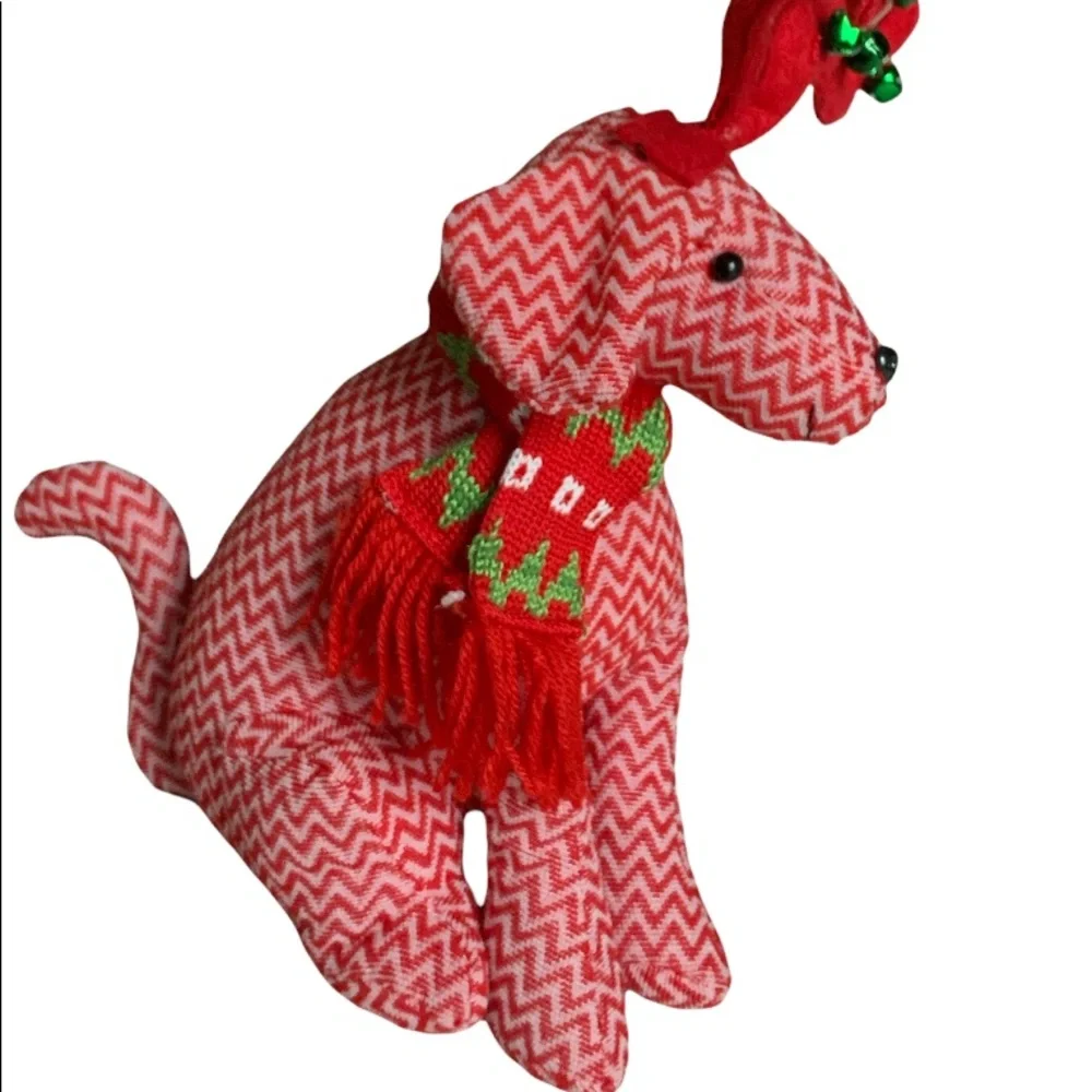 Holiday Knit Dog with Antlers And Scarf Sitting Christmas Doorstop Decor Chevron